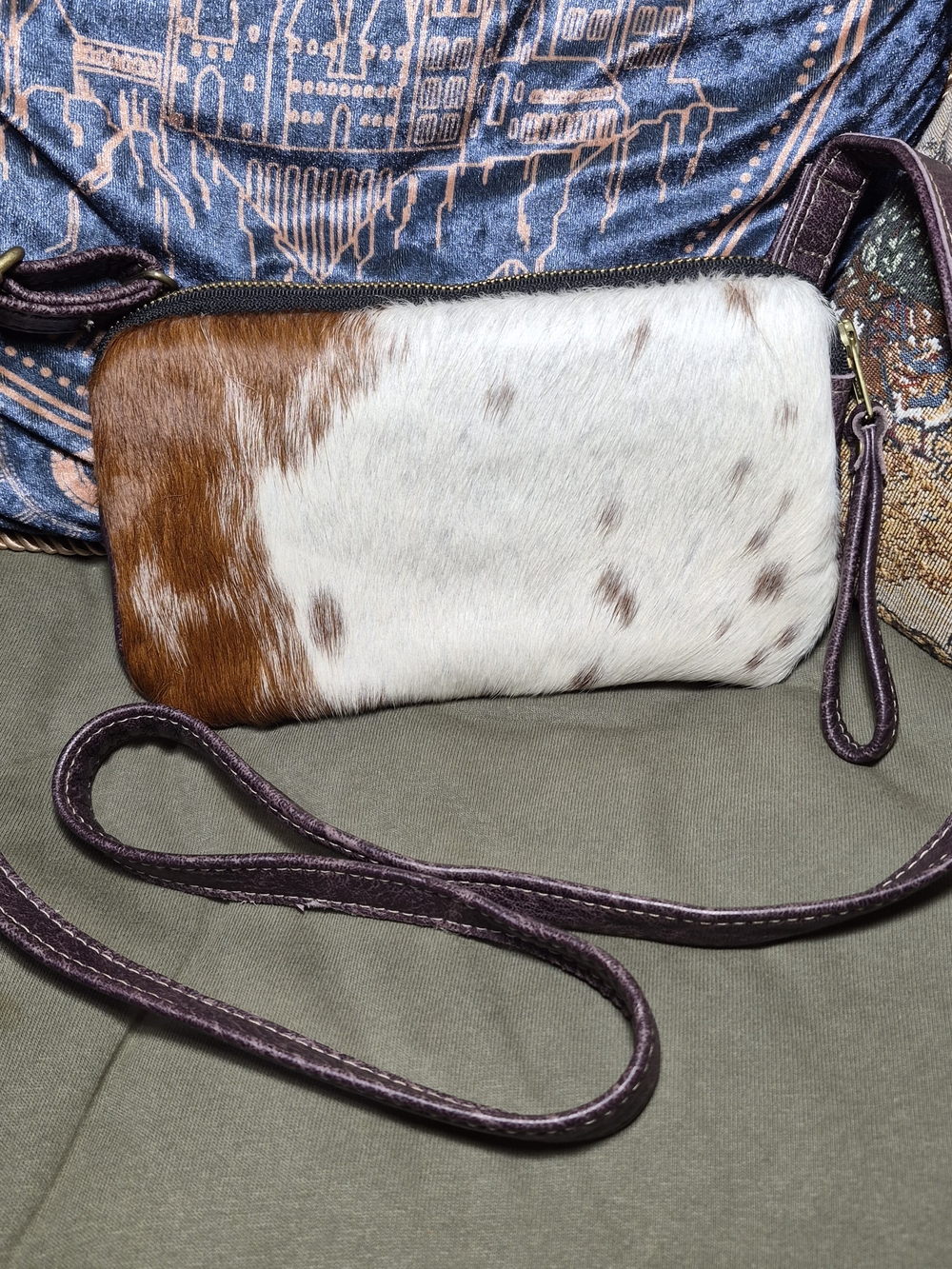 Haircalf Crossbody Bag in Brown and White with Leather Trim